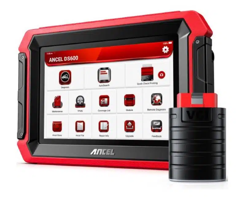 Kit de diagnóstico automotivo Ancel DS600 da PLAYTEK, incluindo tablet, cabos e adaptadores, para diagnóstico e manutenção abrangente de diversos sistemas do veículo, compatível com várias marcas e modelos.