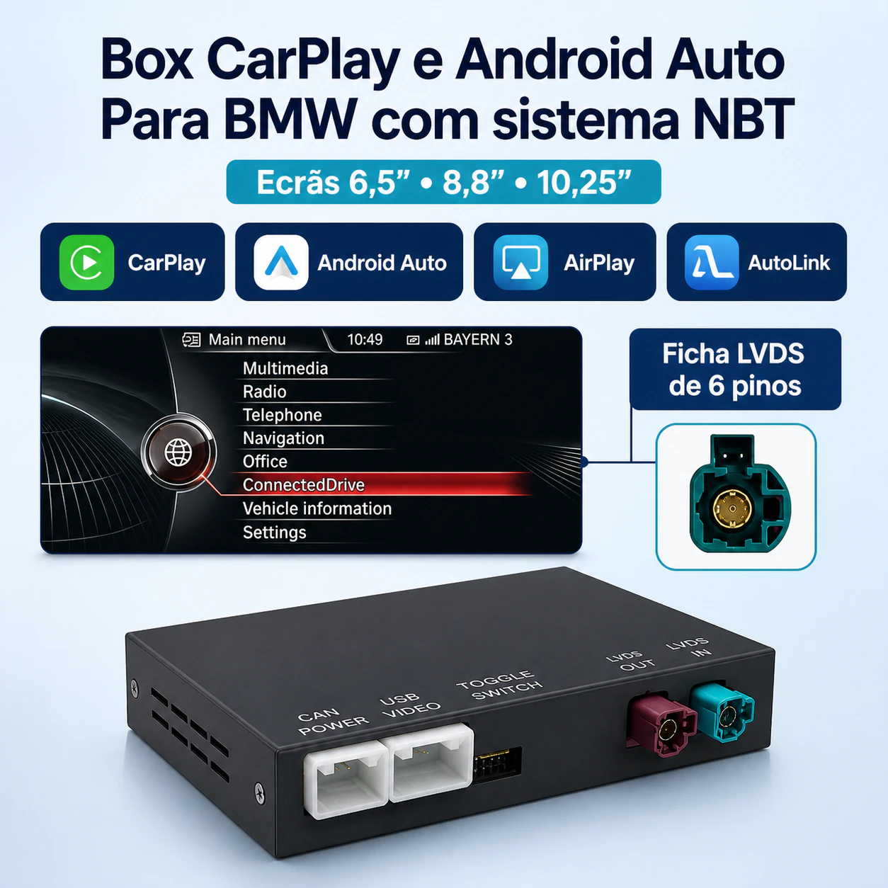 box-carplay-android-auto-bmw-nbt Ficha LVDS 6 pinos BMW compatível com box CarPlay