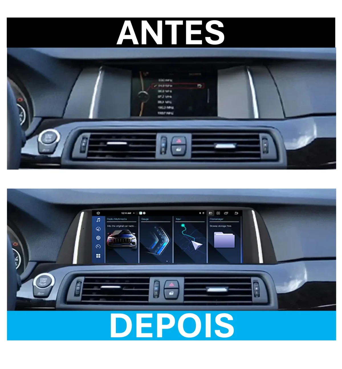 antes e depois da instalação radio android bmw serie 5 f10