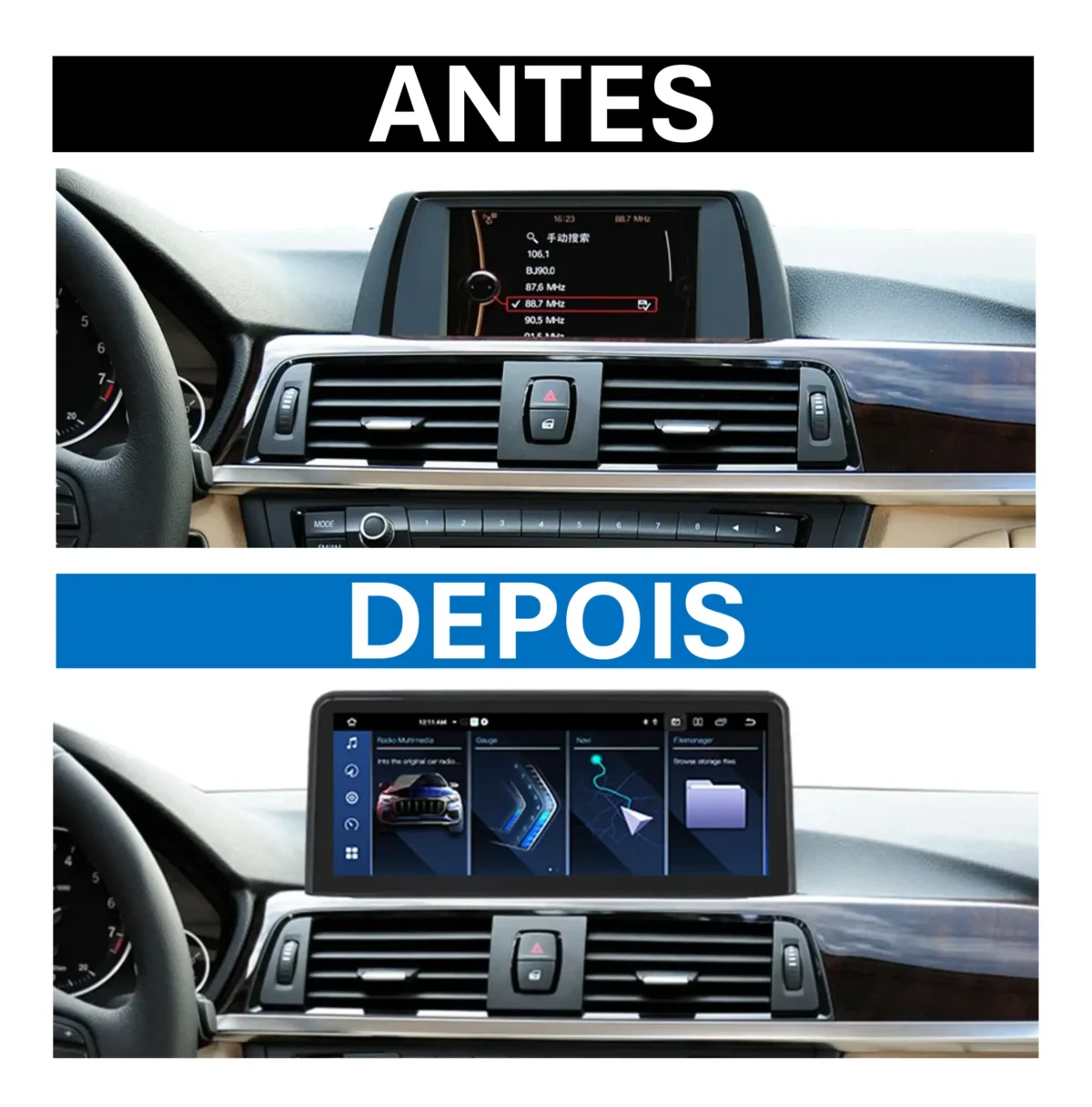 antes e depois da instalação do rádio bmw serie 3 f30