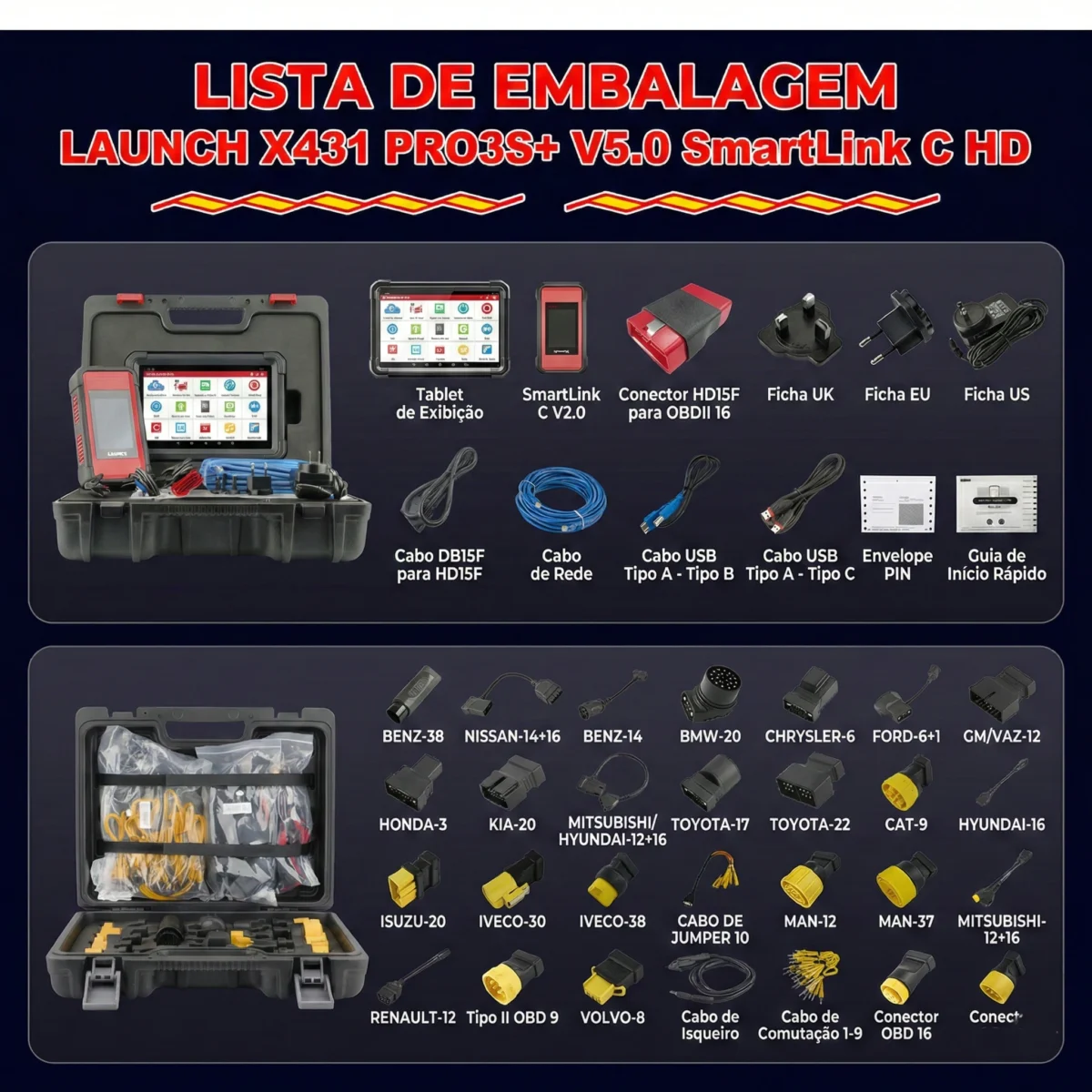 lista do incluido na LAUNCH X431 PRO3S+ SMARTLINK HD