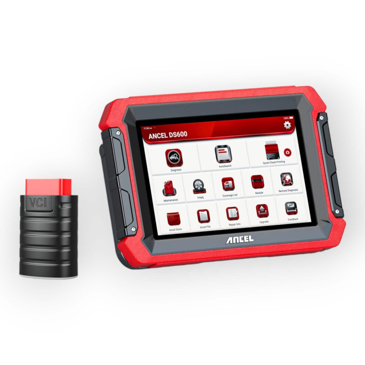 Kit de diagnóstico automotivo Ancel DS600 da PLAYTEK, incluindo tablet, cabos e adaptadores, para diagnóstico e manutenção abrangente de diversos sistemas do veículo, compatível com várias marcas e modelos.
