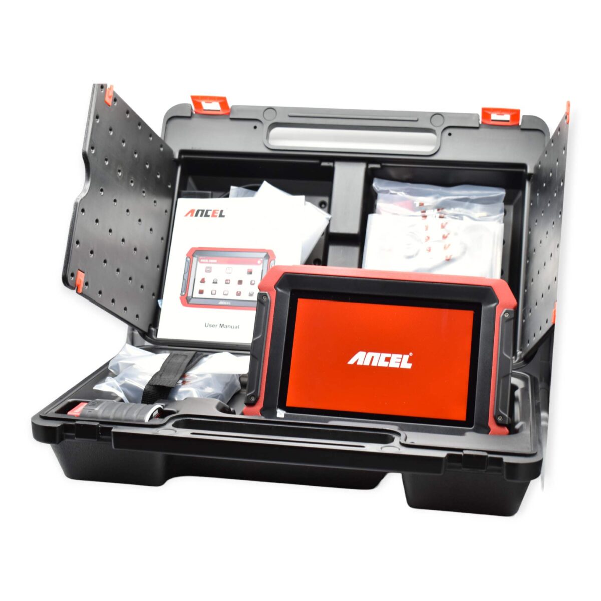 Kit de diagnóstico automotivo completo com tablet, cabos e adaptadores, para solução de problemas e manutenção de diversos sistemas do veículo, compatível com várias marcas e modelos.