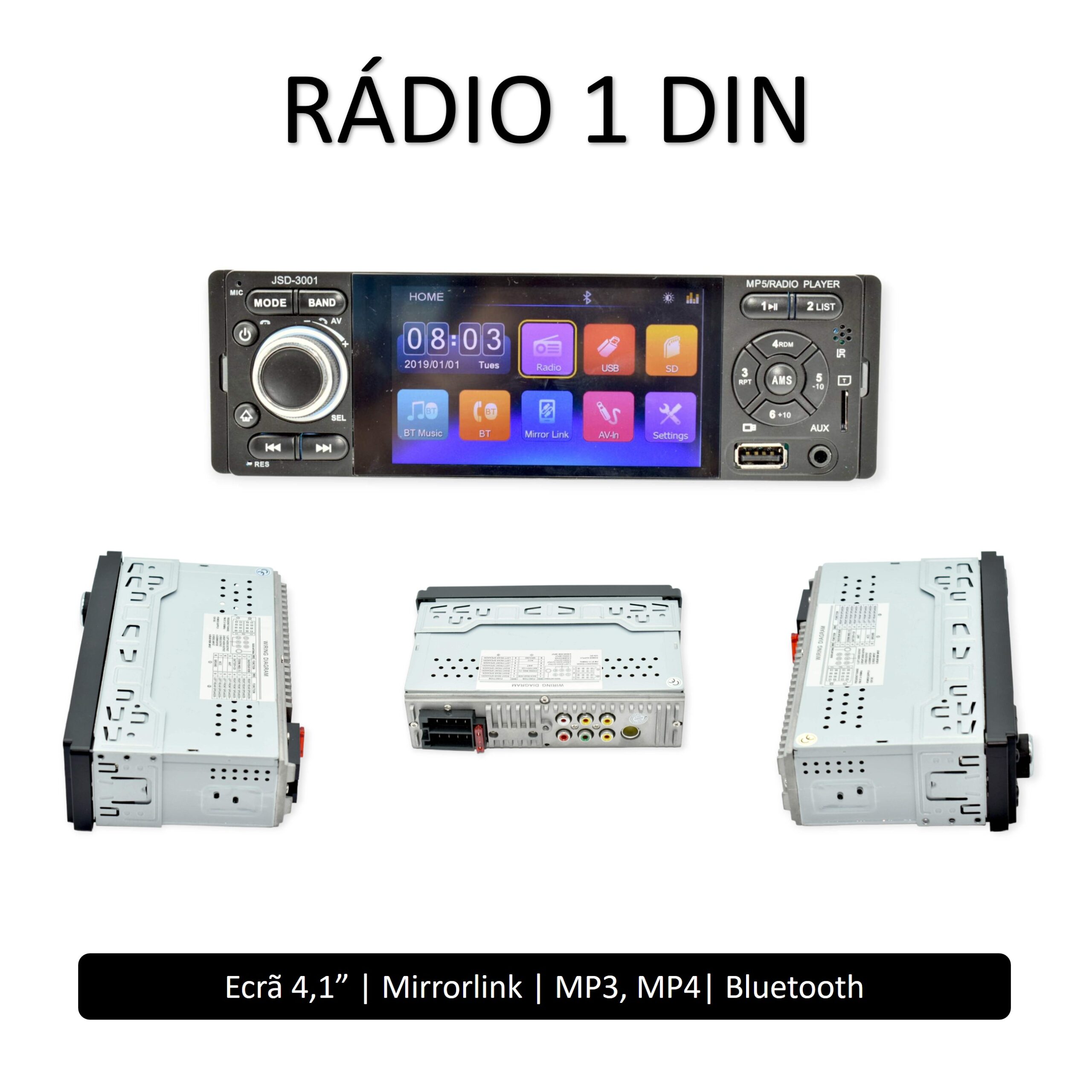 Rádio LCD toutch screen - 1 DIN - Bluetooth - USB - Cartão SD Autorrádio 4.1" JSD3001