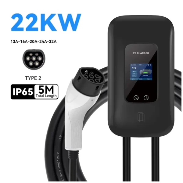 Wallbox 22kW Trifásica Type 2 — Carregador de Carro Elétrico com App, Ecrã LCD e Cabo de 5m