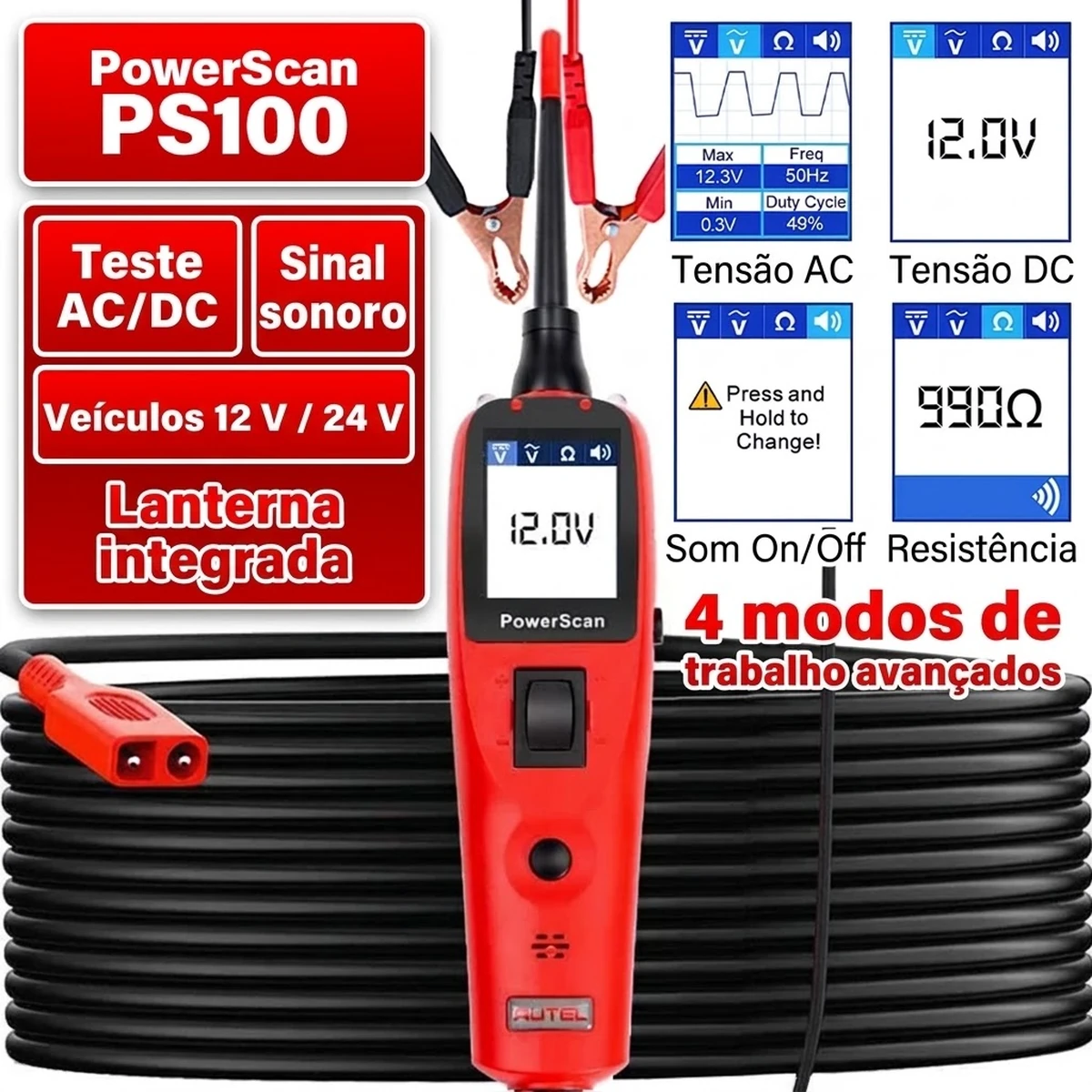 Autel PowerScan PS100 teste de polaridade com LED vermelho e verde