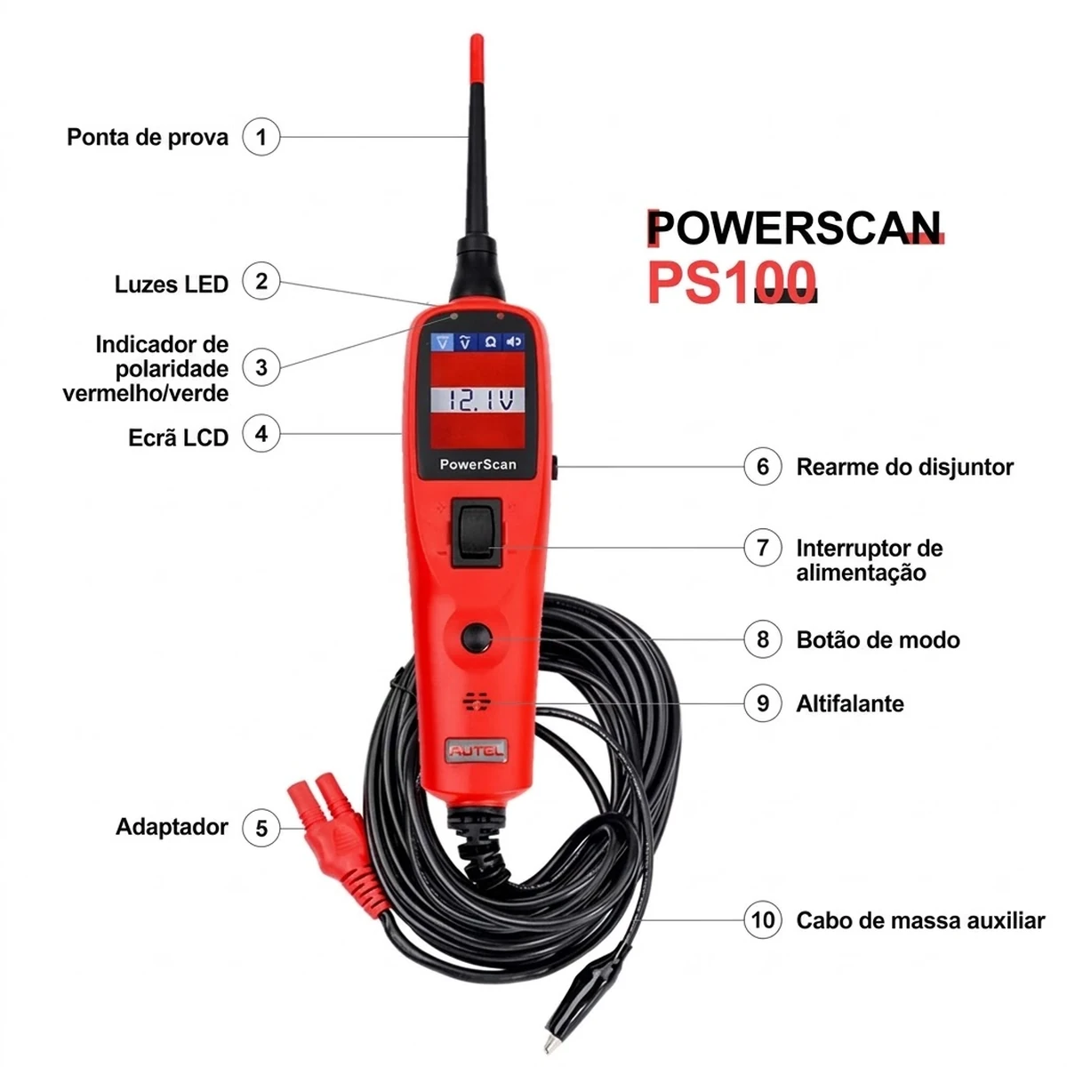 Autel PowerScan PS100 com mala de transporte e acessórios