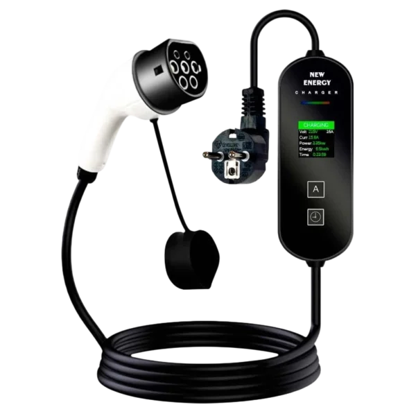 EV Portátil Tipo 2 16 A (3,5 kW) – Carregador para Carro Elétrico com Cabo de 10 m, Ficha Schuko e Ecrã LCD