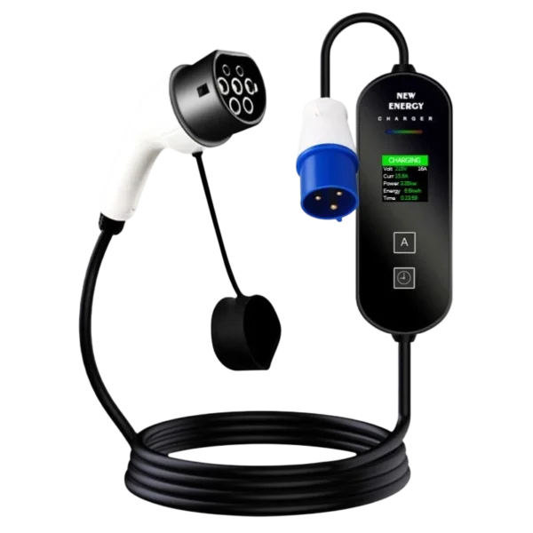 EV Portátil Tipo 2 32 A (7 kW) – Carregador para Carro Elétrico com Cabo de 10 m, Ficha de 3 Pinos e Carga Programada