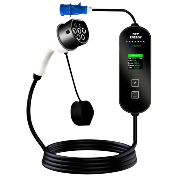 EV Portátil Tipo 2 16 A (3,5 kW) – Carregador para Carro Elétrico com Cabo de 5 m, Ficha Industrial CEE e Ecrã LCD
