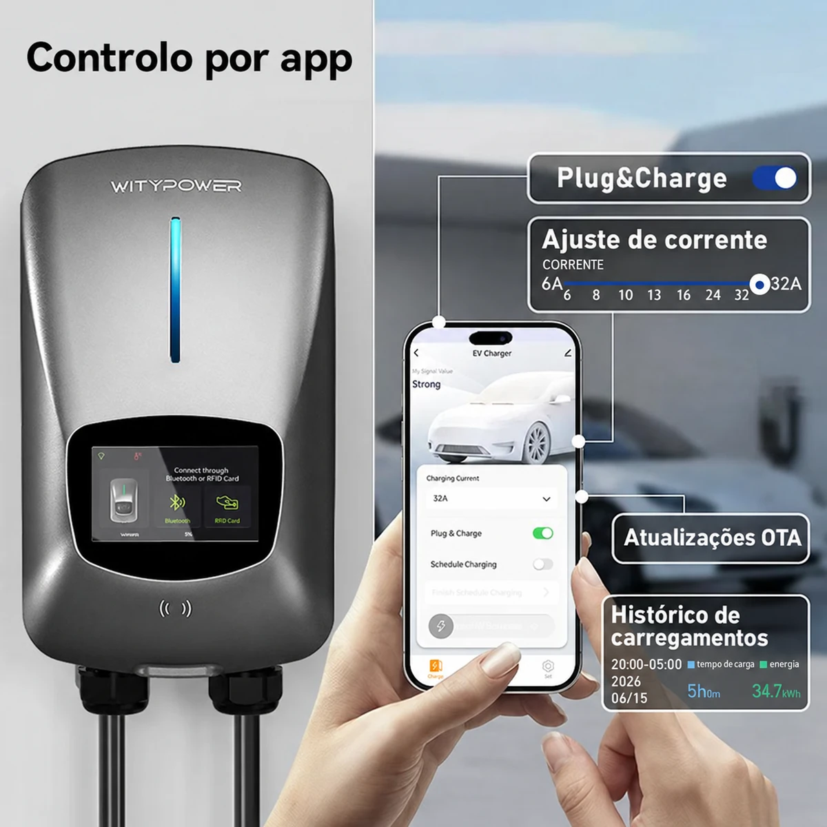 WityPower wallbox 22 kW com ecrã LCD e cartão RFID