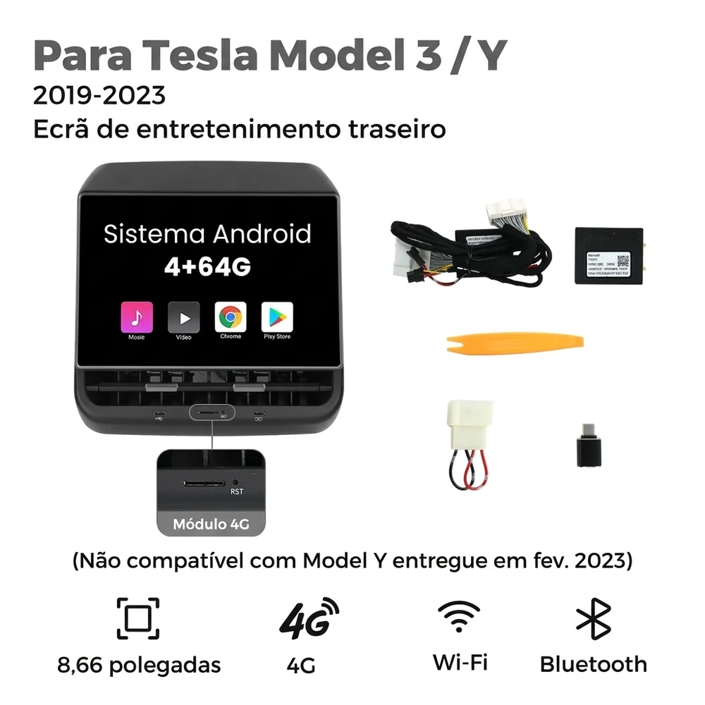 Ecrã traseiro Tesla Model 3 e Model Y 2019–2023 Android 4G com conteúdo da embalagem