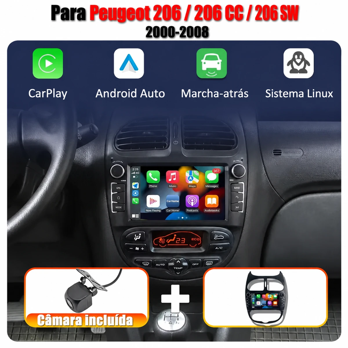 Rádio Linux 7 polegadas para Peugeot 206 com CarPlay e Android Auto sem fios