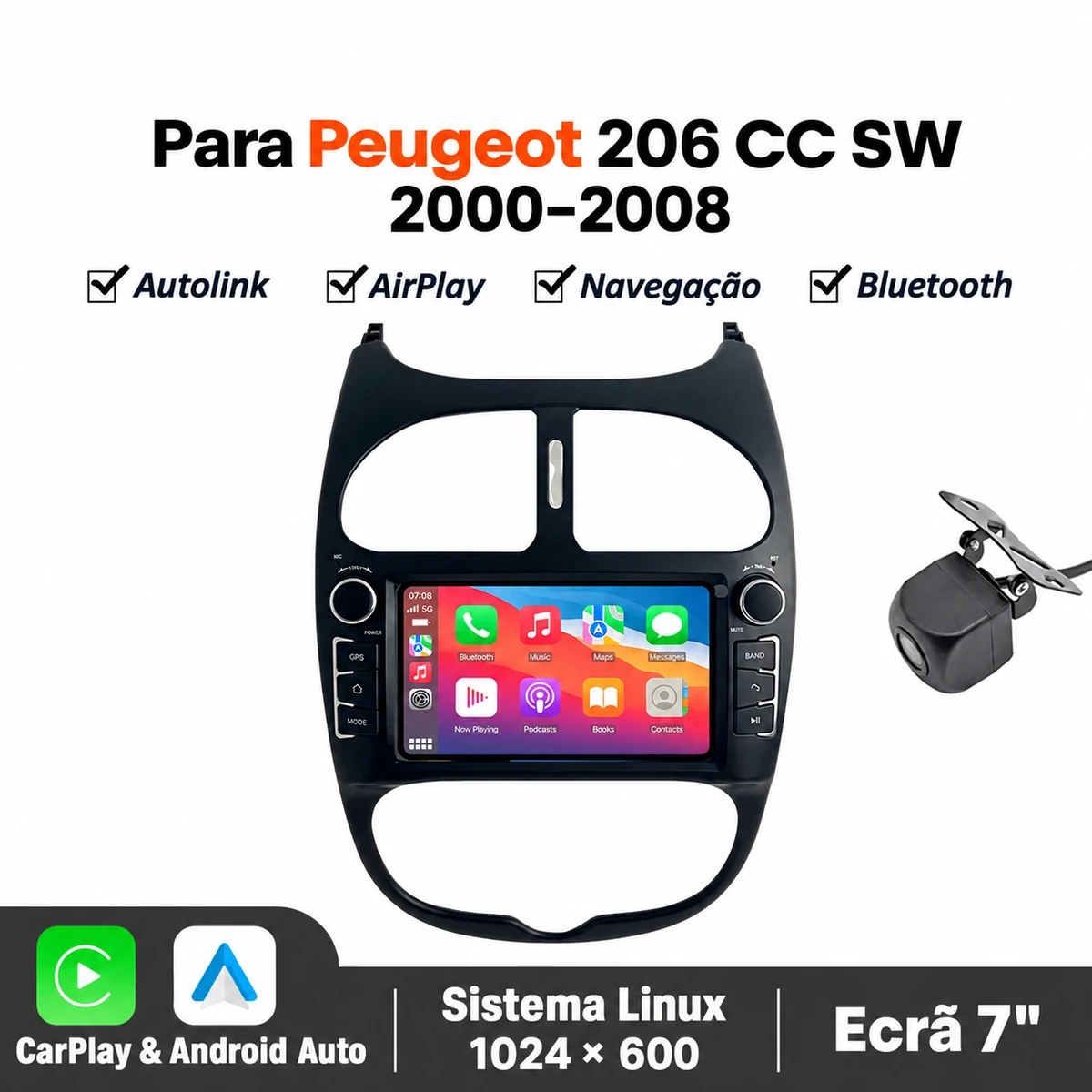 Peugeot 206 rádio CarPlay sem fios instalado na consola