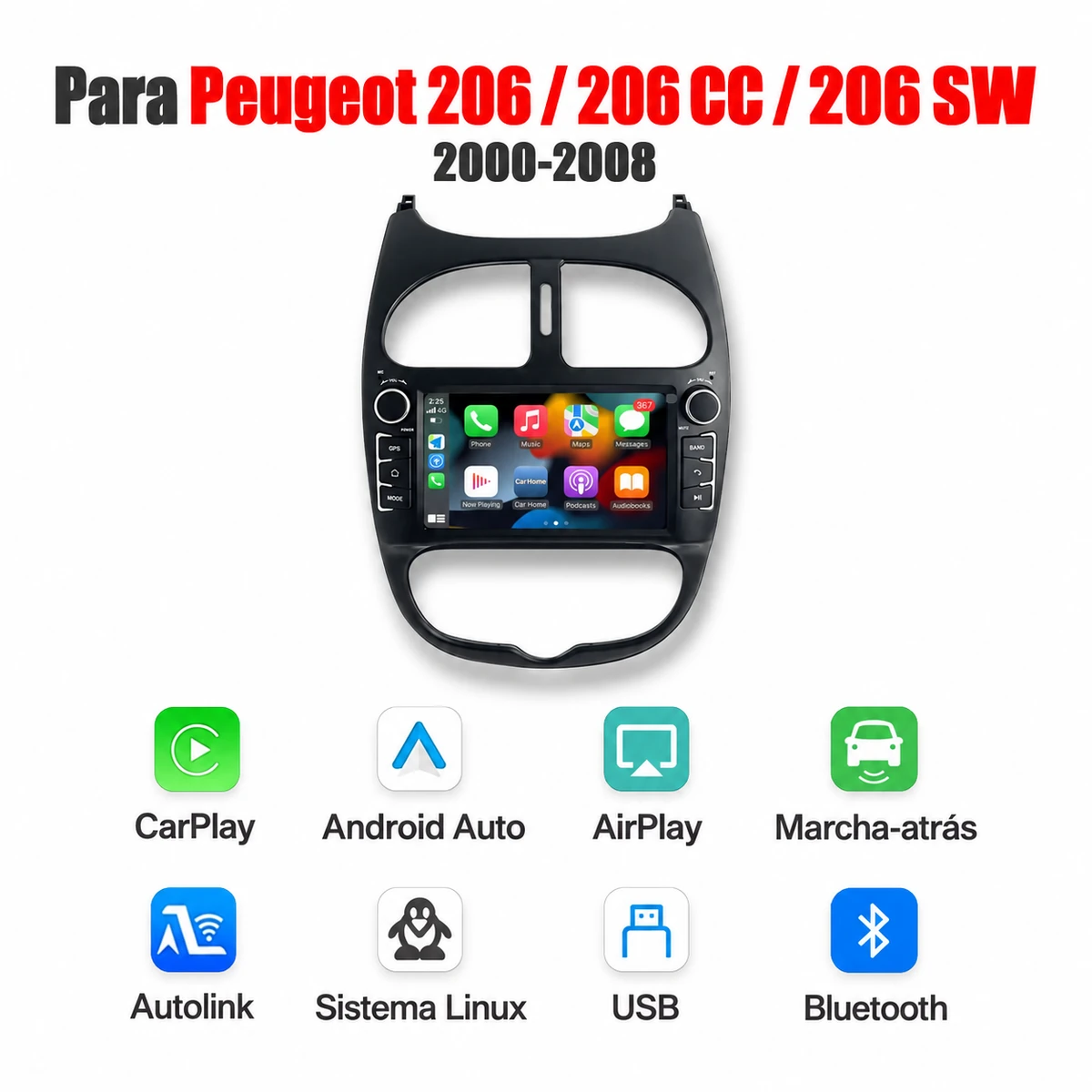 Rádio Peugeot 206 206CC 206SW Linux com ecrã tátil 1024x600
