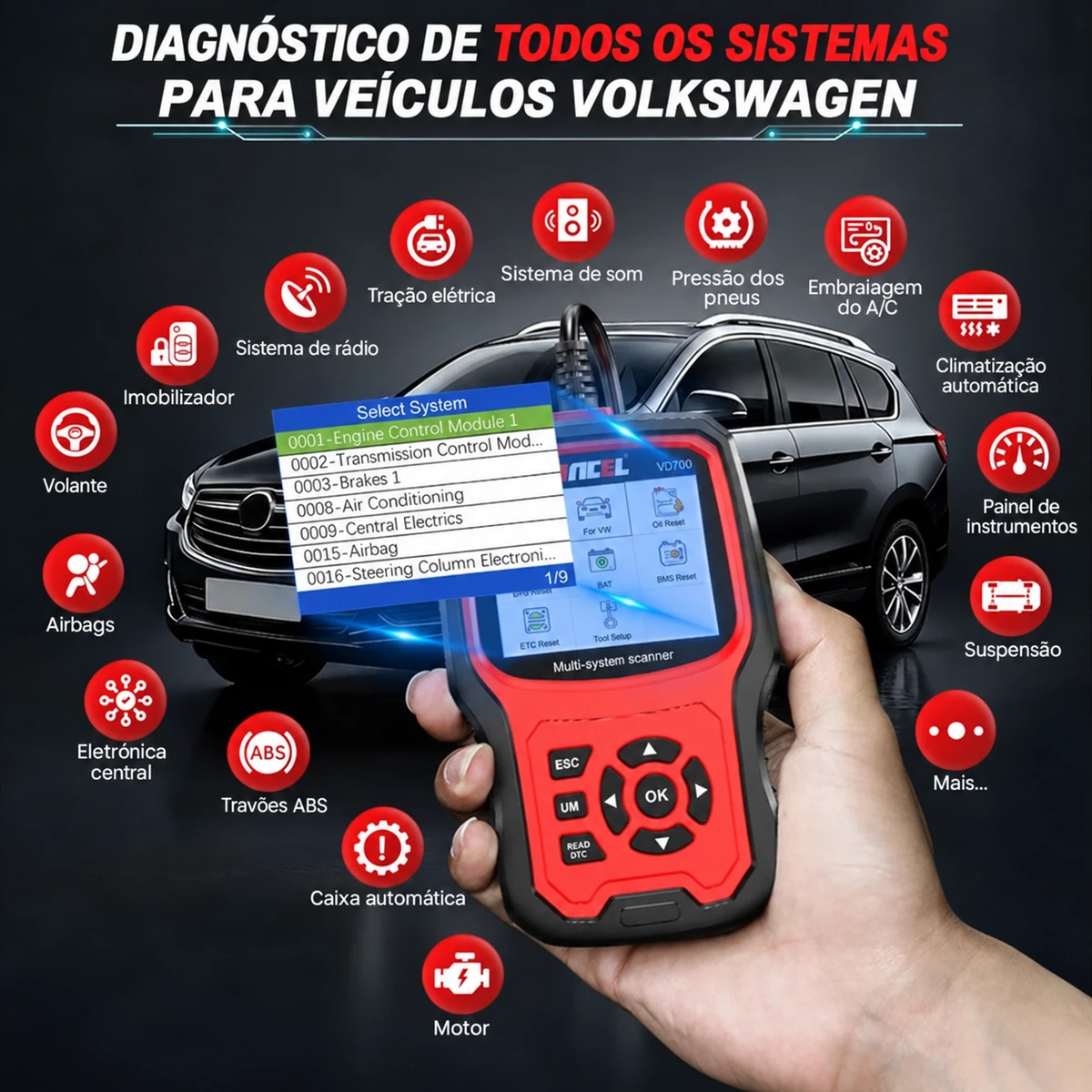 Ancel VD700 serviços de reset do óleo, EPB e filtro de partículas